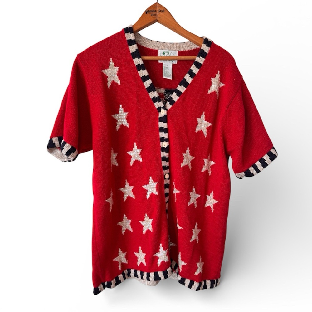 VTG 90s Quacker Factory Patriotic American Flag Cardigan Sweater USA Sequin Star